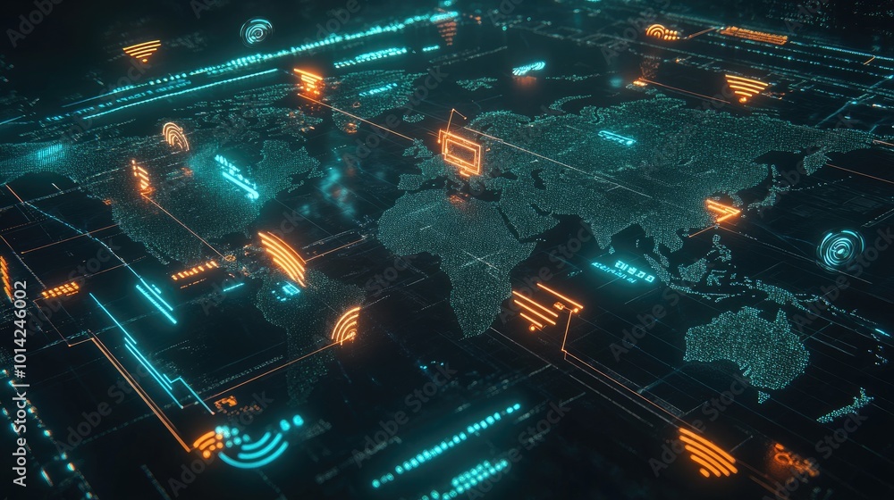 Poster a futuristic wireless network concept with glowing data streams and signal icons floating above a di