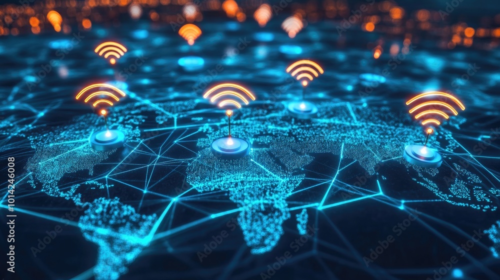 Poster a futuristic wireless network concept with glowing data streams and signal icons floating above a di