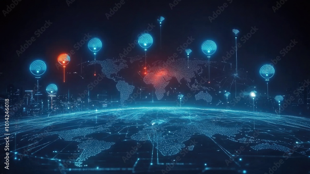 Poster a futuristic wireless network concept with glowing data streams and signal icons floating above a di
