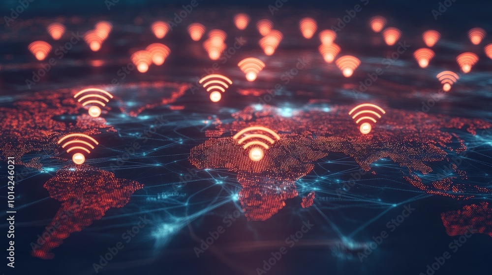 Poster a futuristic wireless network concept with glowing data streams and signal icons floating above a di