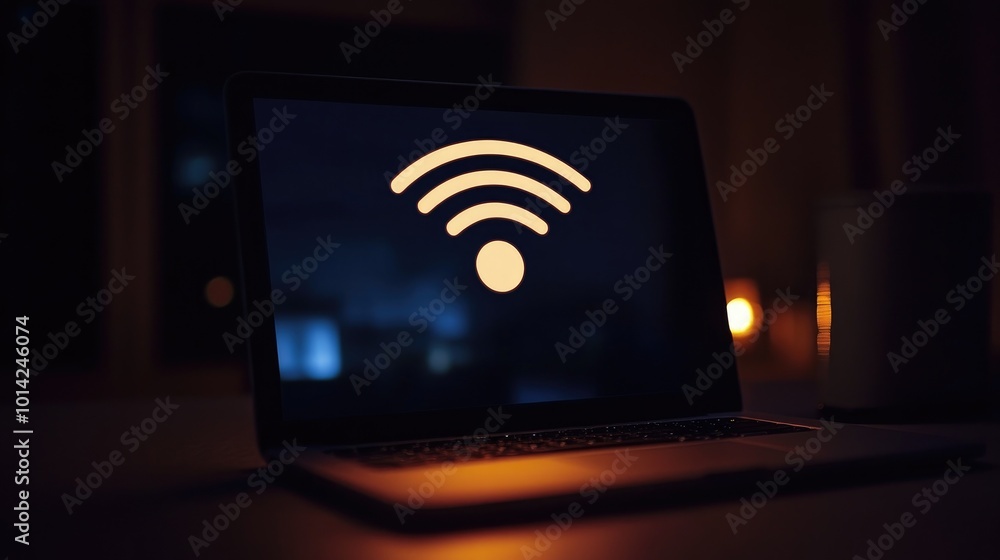 Poster a glowing wireless network icon hovering over a laptop screen in a dark room, symbolizing the power 