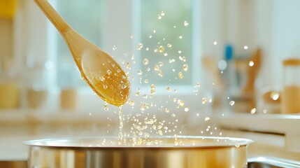 A wooden spoon stirs a pot, creating a splash of droplets in a well-lit kitchen, showcasing the joy of cooking and culinary creativity.