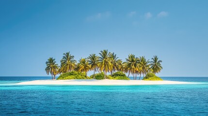 A scenic island paradise with palm trees lining the white sandy beach and crystal-clear waters stretching to the horizon