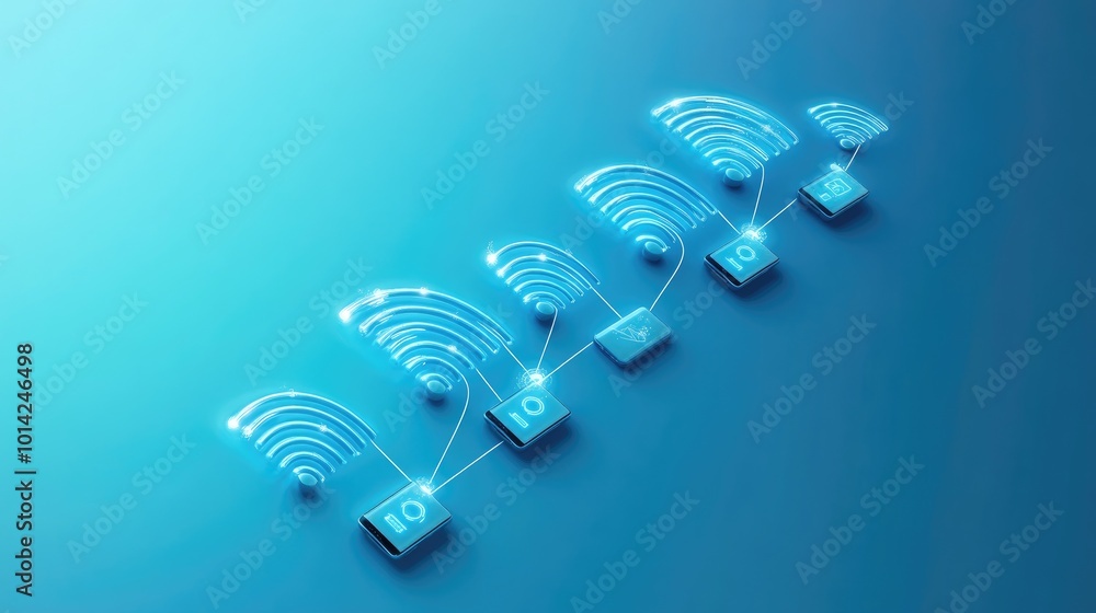 Poster abstract image of wireless signal icons connecting various devices on a gradient blue background, re