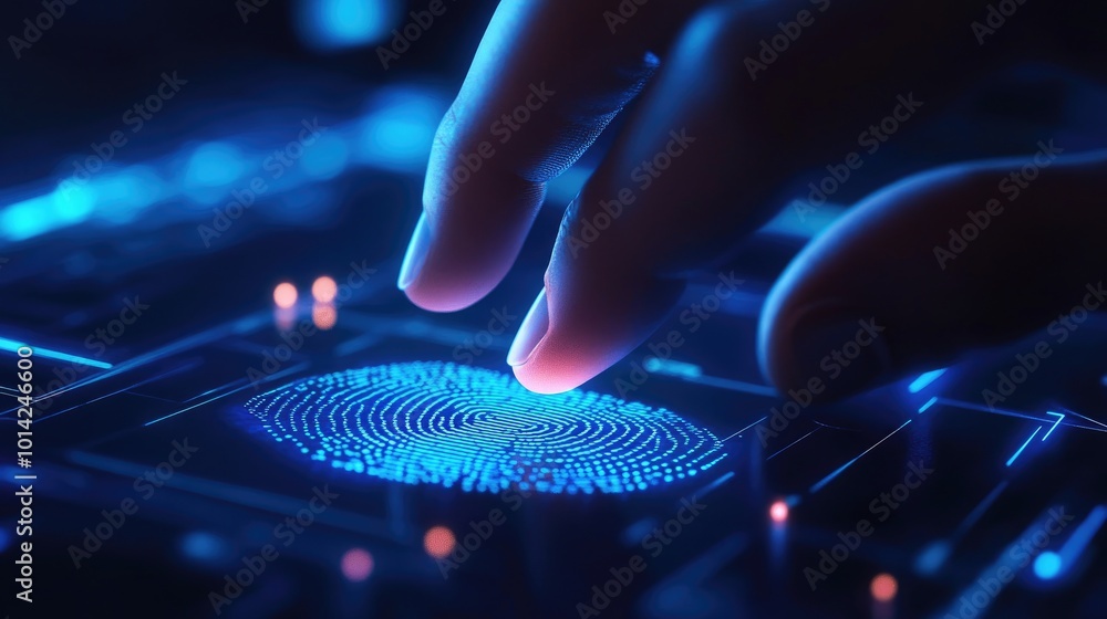 Poster close-up of a hand placing a finger on a digital fingerprint scanner, with glowing blue lines and se