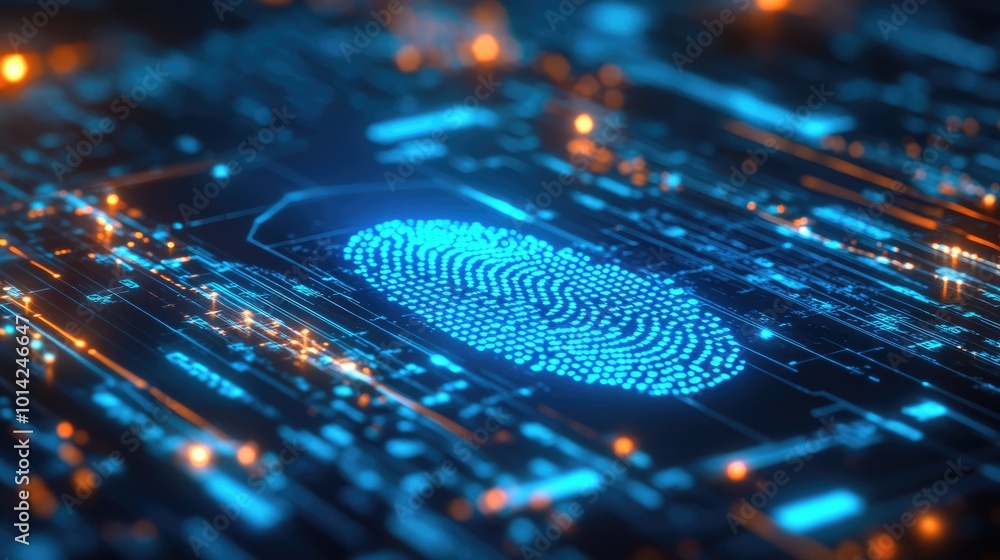 Poster high-res image of a digital fingerprint scanner with a glowing blue fingerprint and code encryption 
