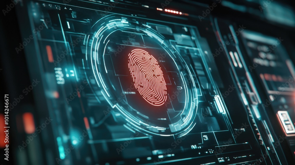 Poster high-res image of a digital lock symbol overlaid on a fingerprint scan interface, emphasizing the im