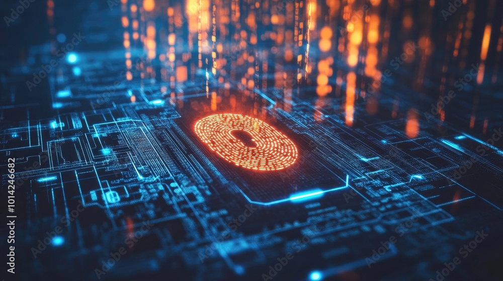Poster high-res image of a digital lock symbol overlaid on a fingerprint scan interface, emphasizing the im