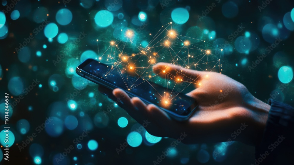 Poster high-res image of a hand holding a smartphone with glowing wireless network icons above, representin