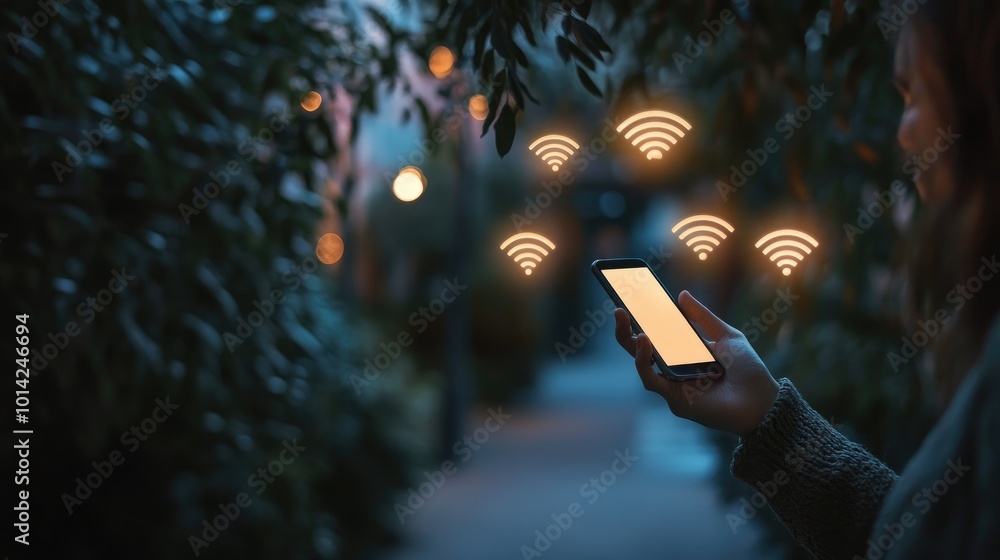 Poster high-res image of a hand holding a smartphone with glowing wireless network icons above, representin