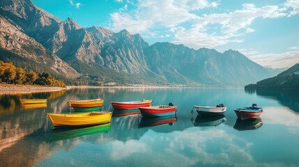Fototapeta premium A scenic view of a calm bay with colorful boats anchored near the shore, with mountains rising in the background.