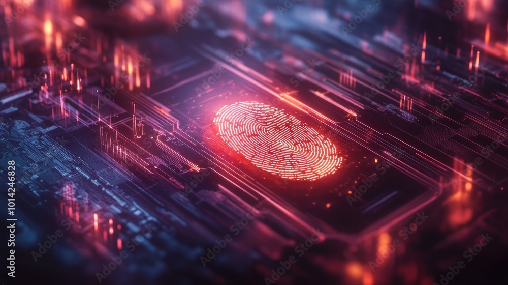 Poster high-resolution image of a fingerprint being scanned on a glowing digital interface, representing pe