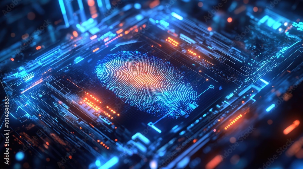 Poster high-resolution image of a fingerprint being scanned on a glowing digital interface, representing pe
