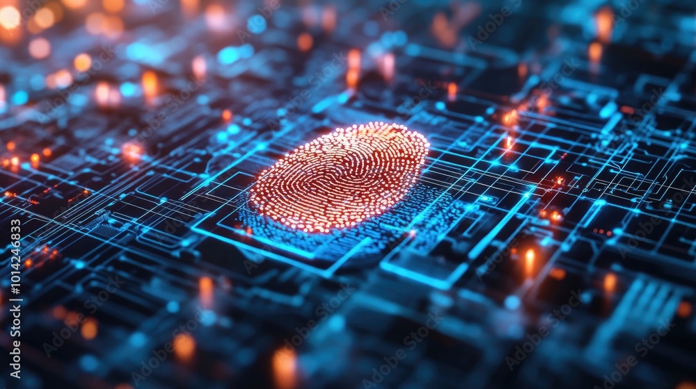 Poster high-resolution image of a fingerprint being scanned on a glowing digital interface, representing pe