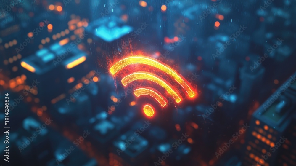 Poster high-resolution image of a glowing wireless network icon overlaid on a city skyline, symbolizing glo