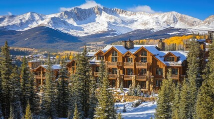 A scenic view of a mountain lodge nestled among pine trees, with snow-covered peaks in the background.