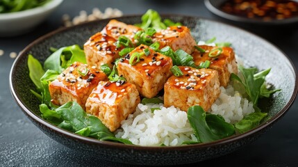 Tofu with rice in green salad, healthy dish and gourmet vegan lunch, vegetarian food and dinner delicious fresh meal in Asian cuisine sauce plate