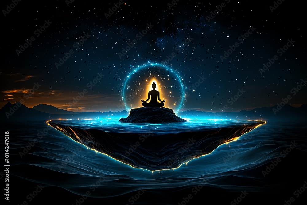 Poster magical depiction of mindfulness, with a glowing aura around a figure sitting on a floating island, 