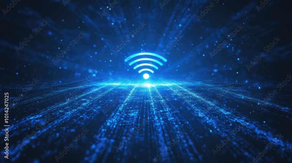 Poster vector-style photo of abstract blue wireless signals radiating from a central point, representing a 