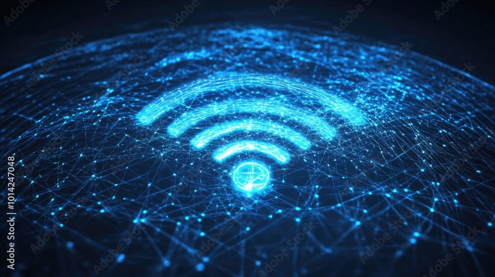 Poster vector-style photo of abstract blue wireless signals radiating from a central point, representing a 