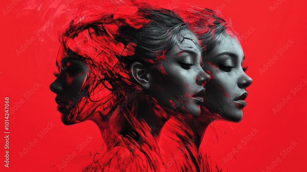 Poster abstract triple portrait with striking red accents. generative ai image
