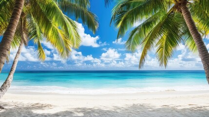 Obraz premium A scenic view of a tropical beach with white sand, turquoise water, and palm trees swaying in the breeze.