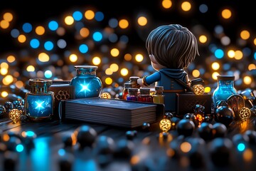 Magical figure organizing potions and spell books, preparing for tomorrowâ€™s adventure in a fantasy world filled with enchantments