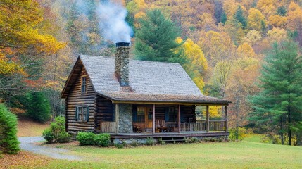 A scenic view of a wooden cabin surrounded by trees, with smoke rising from the chimney on a cool autumn day.
