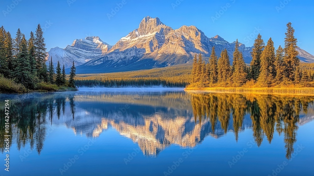 Poster a serene mountain lake with perfectly still water reflecting the surrounding trees and peaks, creati