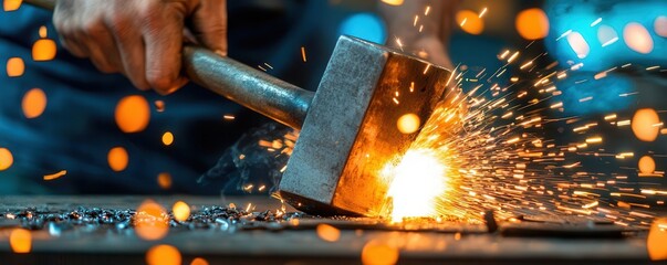 Dynamic scene of a blacksmith hammering molten metal, sparks flying in all directions, fire glowing intensely, sparks fly, fire, dynamic
