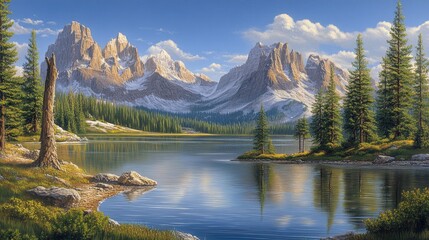 A serene mountain lake reflecting the surrounding peaks with the horizon just visible between the tree-lined shore.