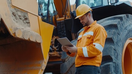 Construction worker using tablet on site near heavy machinery