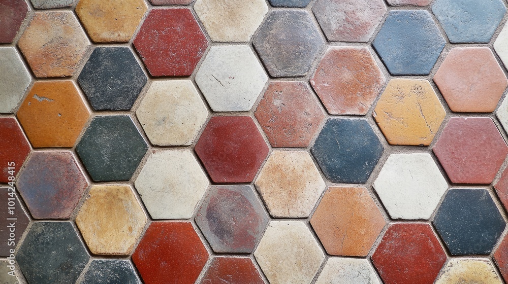 Poster a top view of a hexagonal tile floor in muted colors, adding geometric interest and a retro vibe.