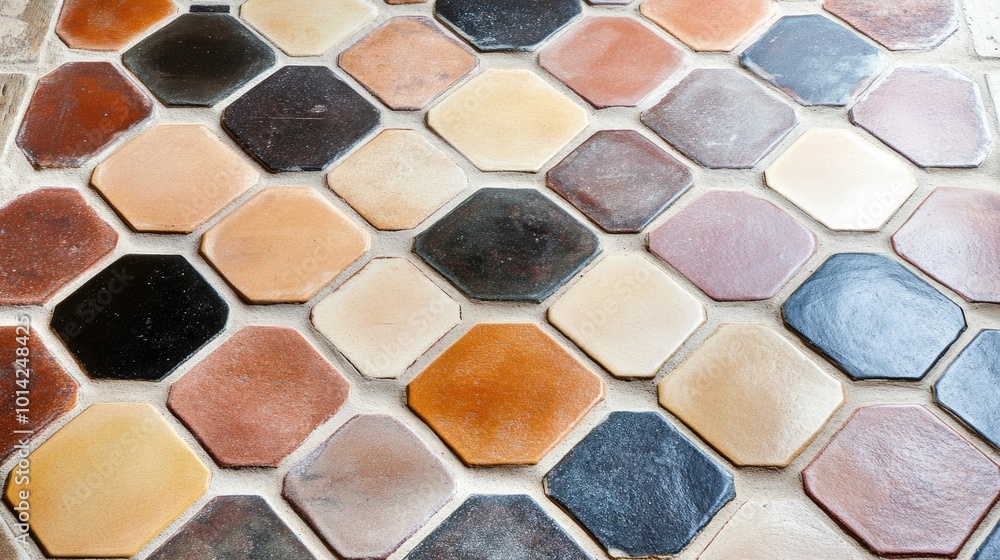 Poster a top view of a hexagonal tile floor in muted colors, adding geometric interest and a retro vibe.