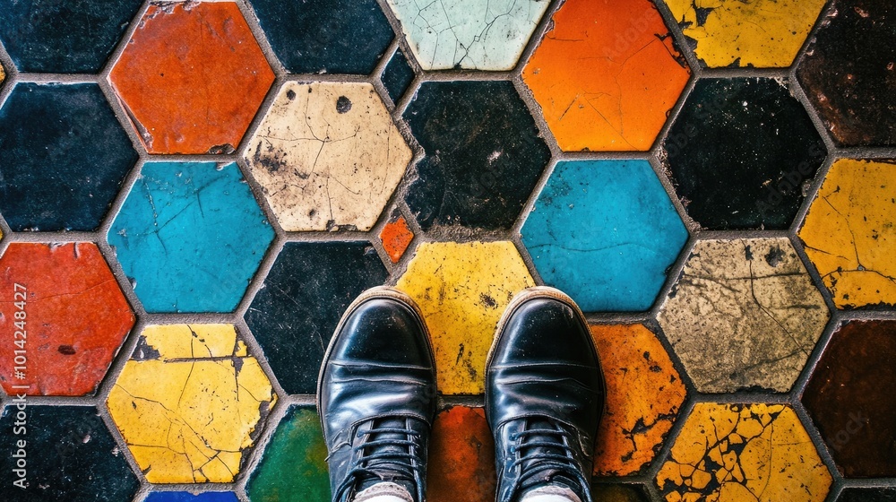 Poster a top view of a hexagonal tile floor in muted colors, adding geometric interest and a retro vibe.