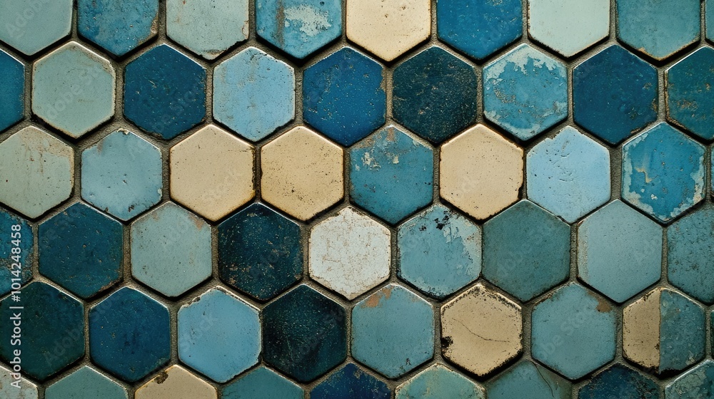 Poster a top view of a hexagonal tile floor in muted colors, adding geometric interest and a retro vibe.