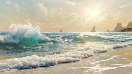 Ocean waves sparkling in the midday sun, with small boats visible on the horizon