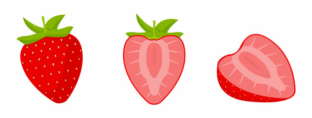 whole and sliced Strawberry simple cartoon vector illustration