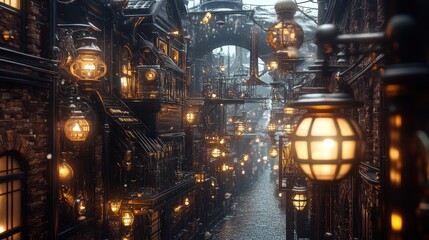 A steampunk-inspired alleyway featuring intricate street lamps, brick buildings, and mechanical elements, creating a nostalgic and industrial atmosphere.