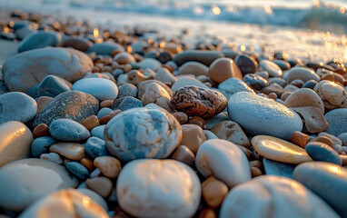 Beautiful pebbles on the beach at sunrise in the morning