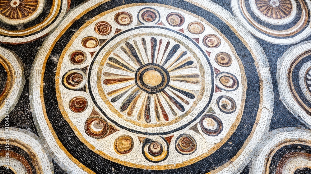 Poster a top-down shot of a colorful mosaic floor with intricate patterns, offering a vibrant and artistic 