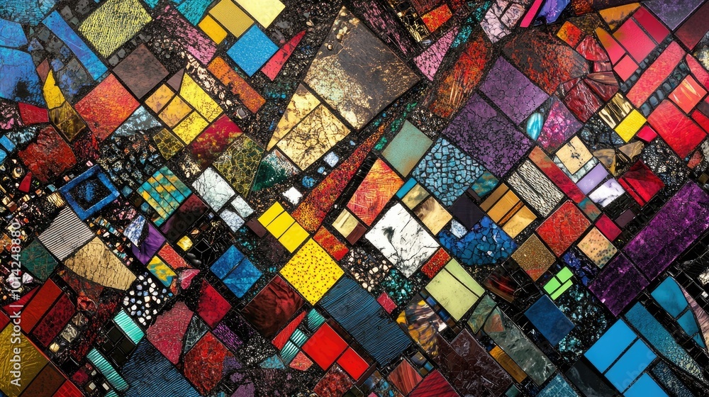 Poster a top-down shot of a colorful mosaic floor with intricate patterns, offering a vibrant and artistic 