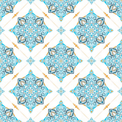 Geometric floral pattern. Seamless vector background. Colorful ornament. Ornament for fabric, wallpaper, packaging, decorative print.

