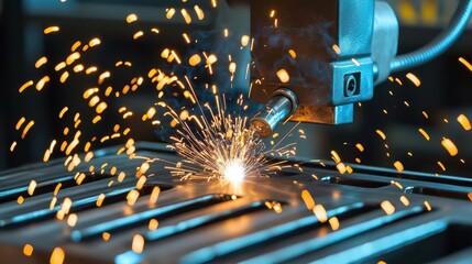 An electric arc welder at work, sparks flying as the electricity melts metal with intense power, sparks fly, electricity, power