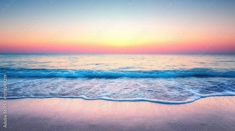 Wall mural a tranquil beach horizon at sunset with gentle waves and a clear sky transitioning into evening ligh