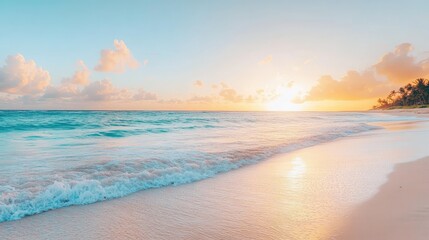 A tranquil beach horizon at sunset with gentle waves and a clear sky transitioning into evening light.