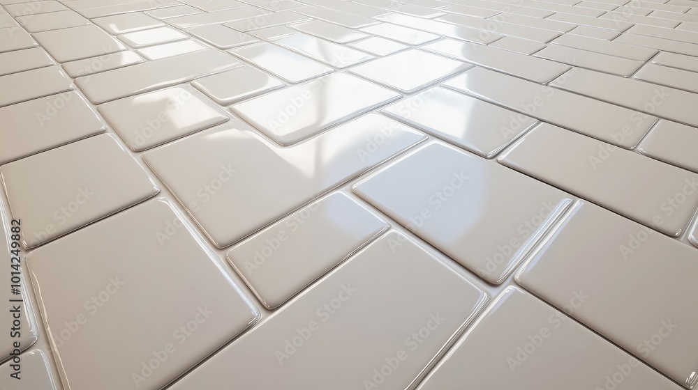 Poster top view of a clean, white-tiled floor with geometric patterns, providing a minimalist background fo