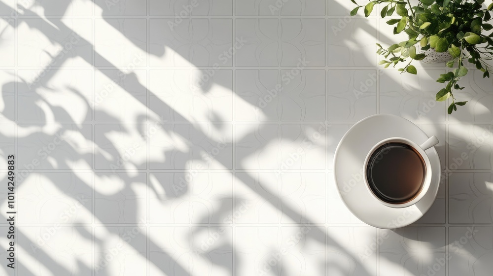 Poster top view of a clean, white-tiled floor with geometric patterns, providing a minimalist background fo