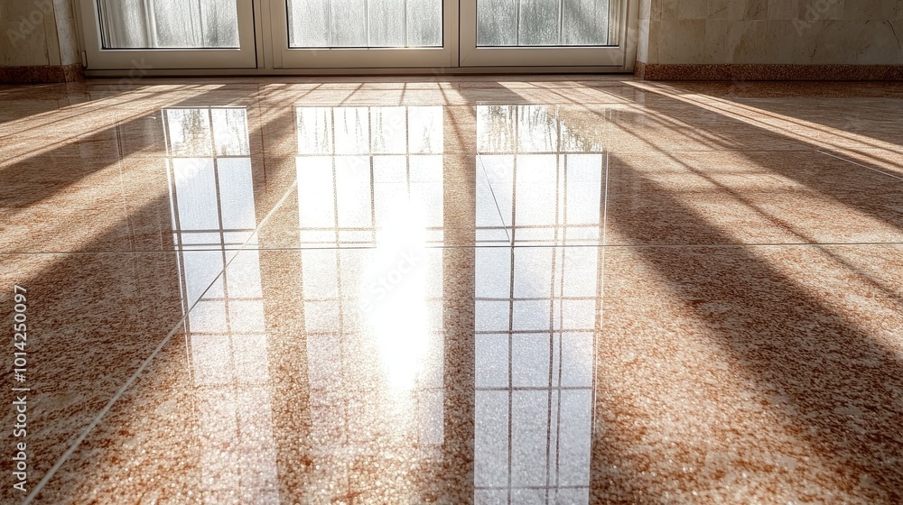 Poster top view of a shiny granite floor with intricate natural patterns and subtle sparkles reflecting the