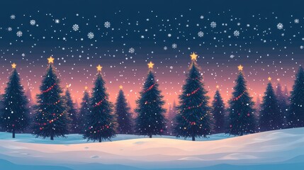Fototapeta premium Christmas trees forest in on a snowy night with christmas decorations garlands and stars at twilight, Generative AI illustration